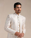 Cream Geometric Patterned Achkan Style Sherwani Set